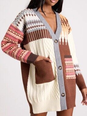 NWOT Fore Gray Brown Fair Isle Knit Sweater Cardigan Size XL